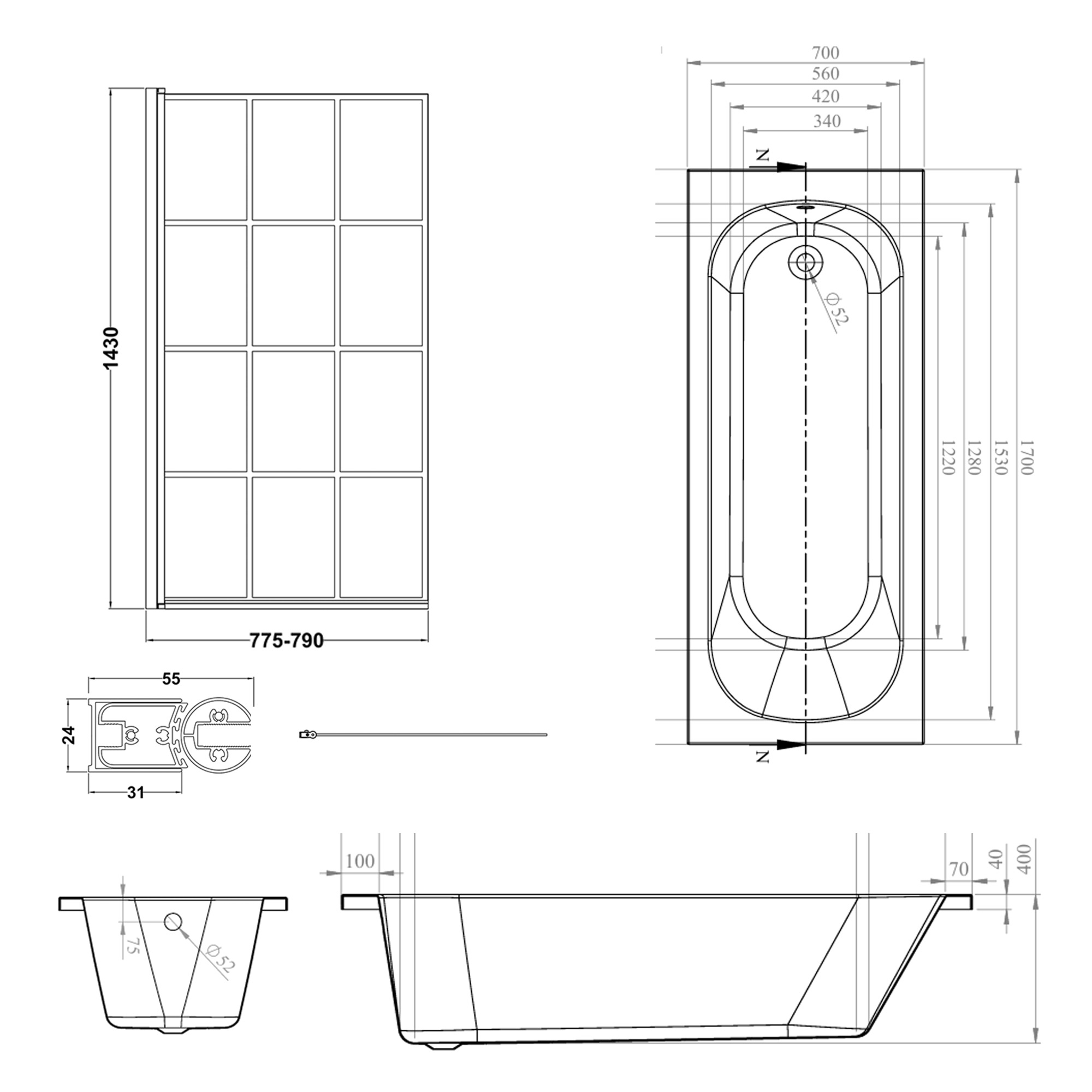 Armourcast Reinforced Single Ended Shower Bath & Shower Screen