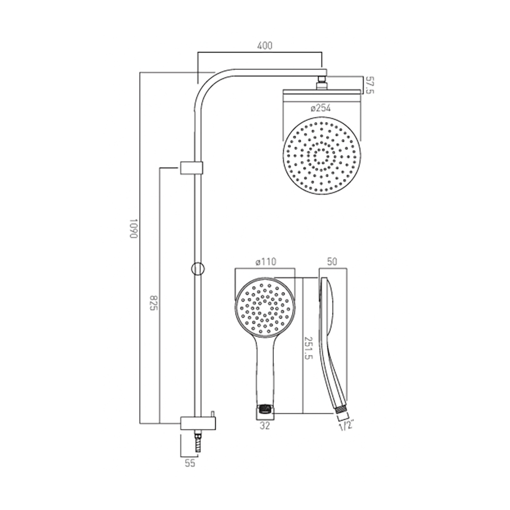 Vado Rigid Riser with Round Overhead Shower, Handset, Integral Outlet & Diverter