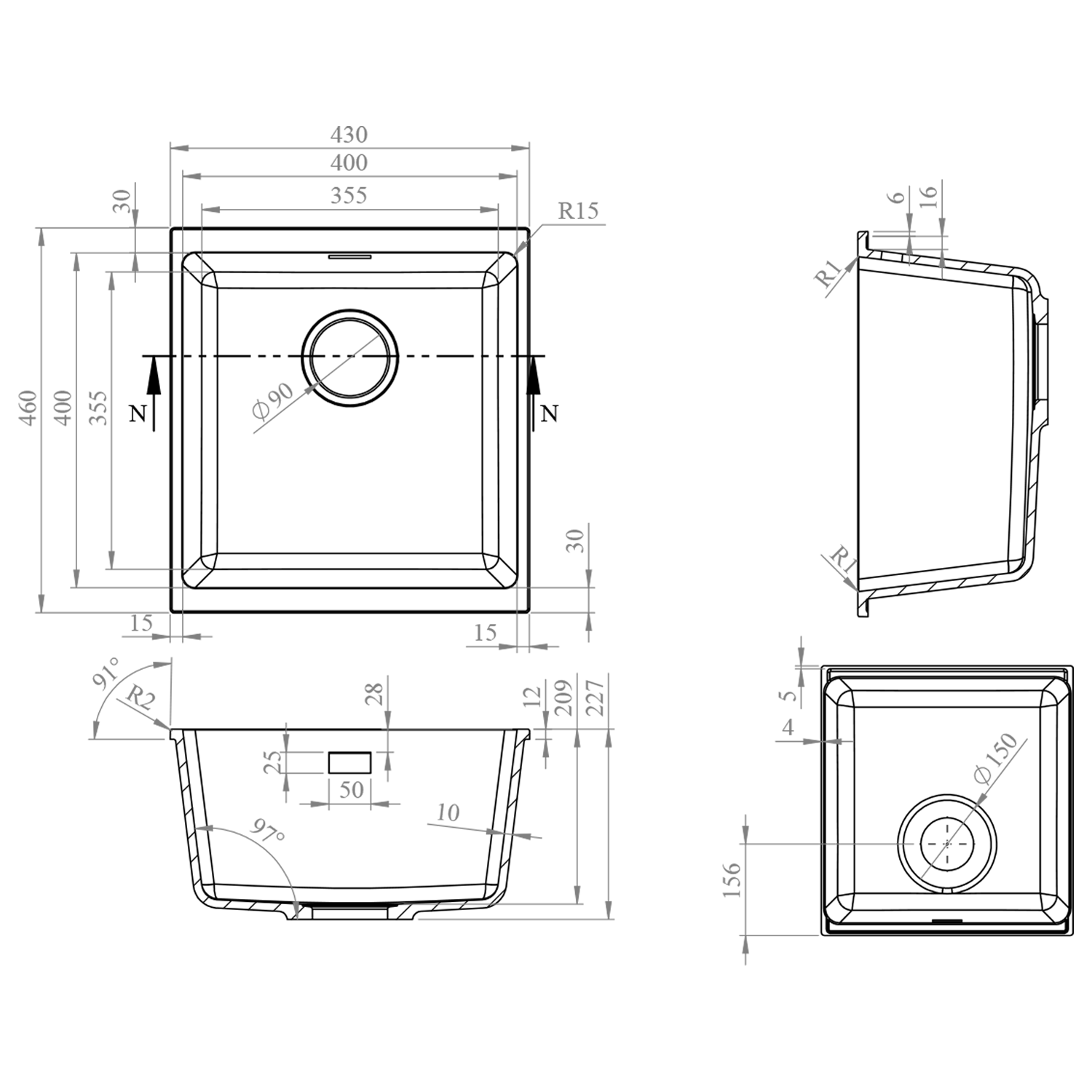 Vellamo Terra 1 Bowl Granite Composite Inset or Undermount Kitchen Sink & Waste - 430 x 460mm