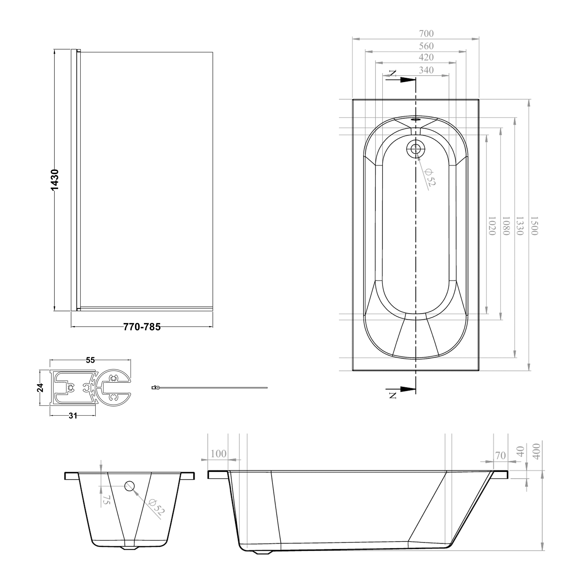 Armourcast Reinforced Single Ended Shower Bath & Brushed Brass Shower Screen