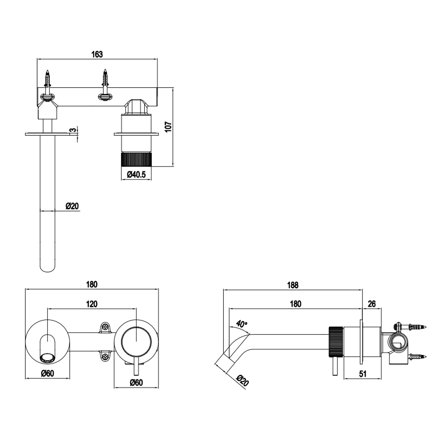Crosswater 3ONE6 Stainless Steel Wall Mounted 2 Hole Basin Mixer Tap