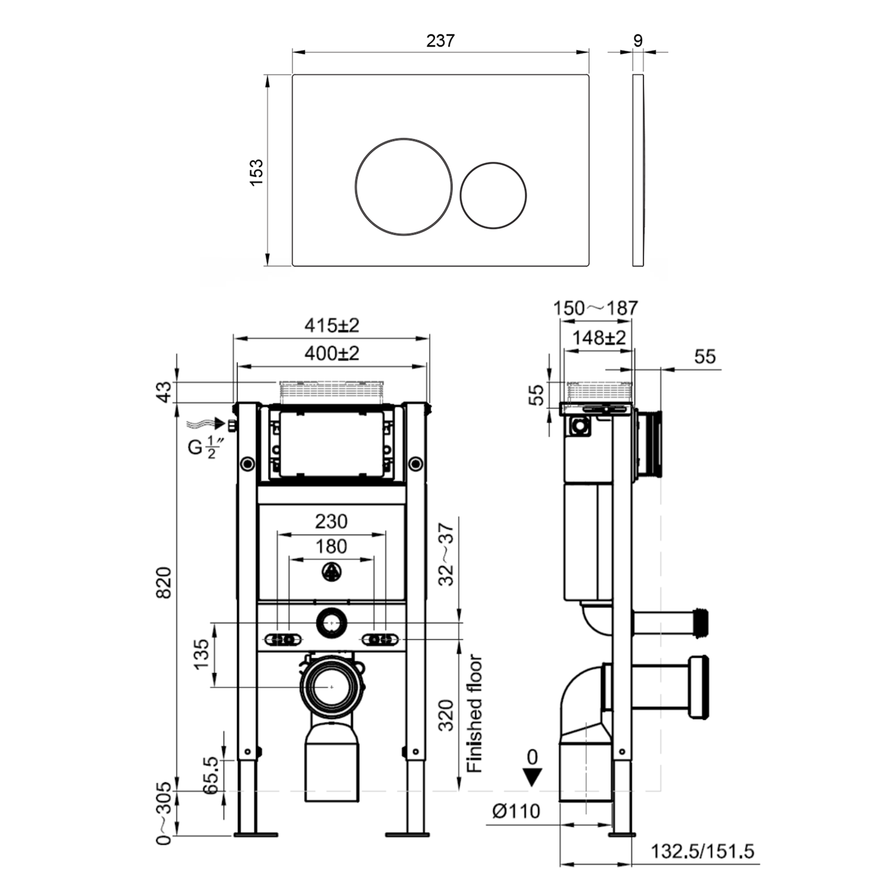 Drench Under Window Wall Hung Toilet Frame, Pneumatic Concealed Cistern & Dual Flush Plate with Round Buttons