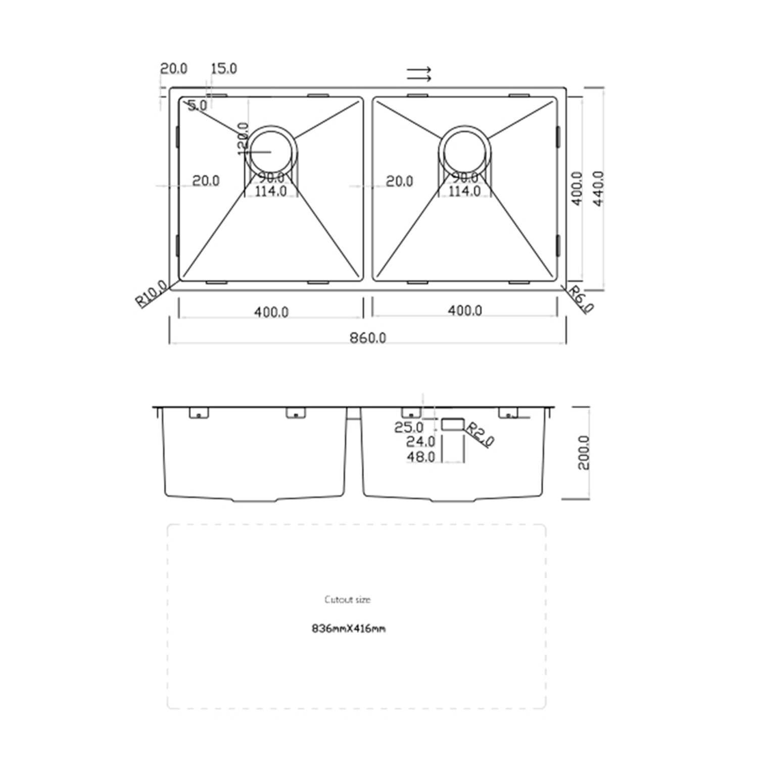 Rangemaster Kube 2 Bowl Brushed Stainless Steel Inset/Undermount Sink & Waste Kit - 860 x 440mm