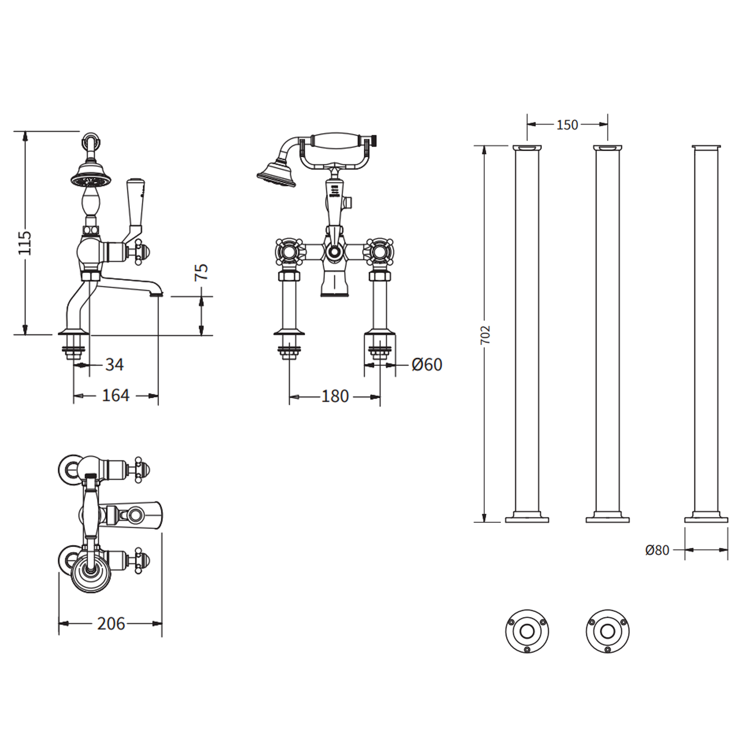 Crosswater Belgravia Crosshead Floor Standing Bath Shower Mixer with Handset Kit - Chrome