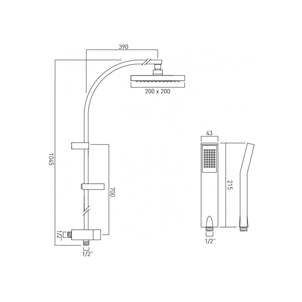 Vado Rigid Riser Kit with Overhead Shower, Single Function Handset & Diverter