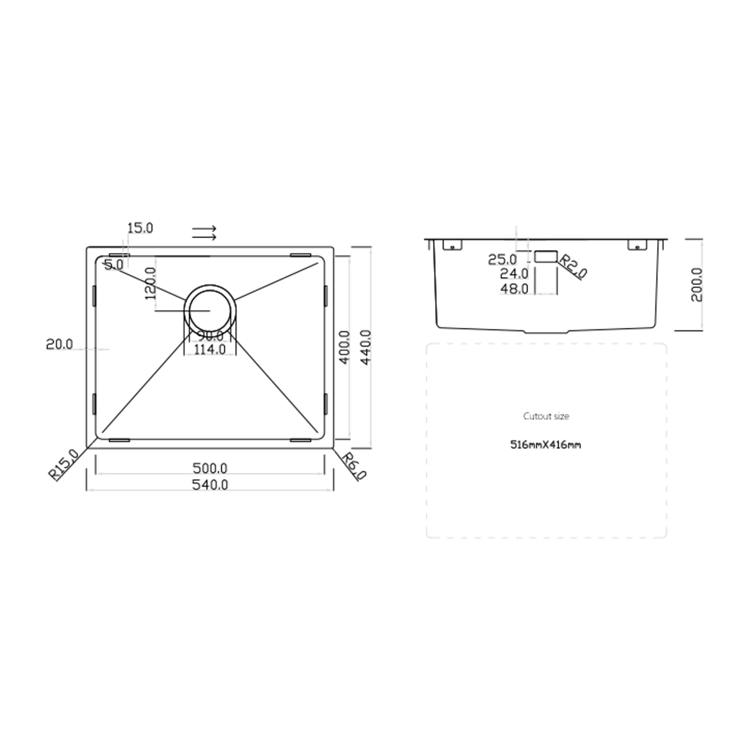 Rangemaster Cubix 1 Bowl Brushed Stainless Steel Inset/Undermount Sink & Waste Kit - 540 x 440mm