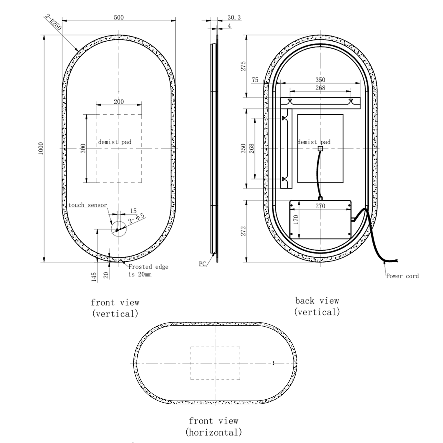 Billy LED Illuminated Oval Mirror with Demister Pad & Colour Change Lights - 500 x 1000mm