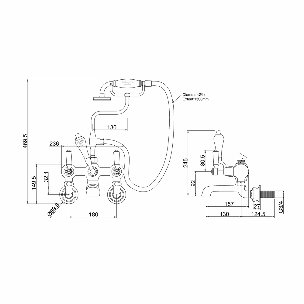 Burlington Kensington Regent Tall Wall Mounted Bath Shower Mixer with Straight Valves