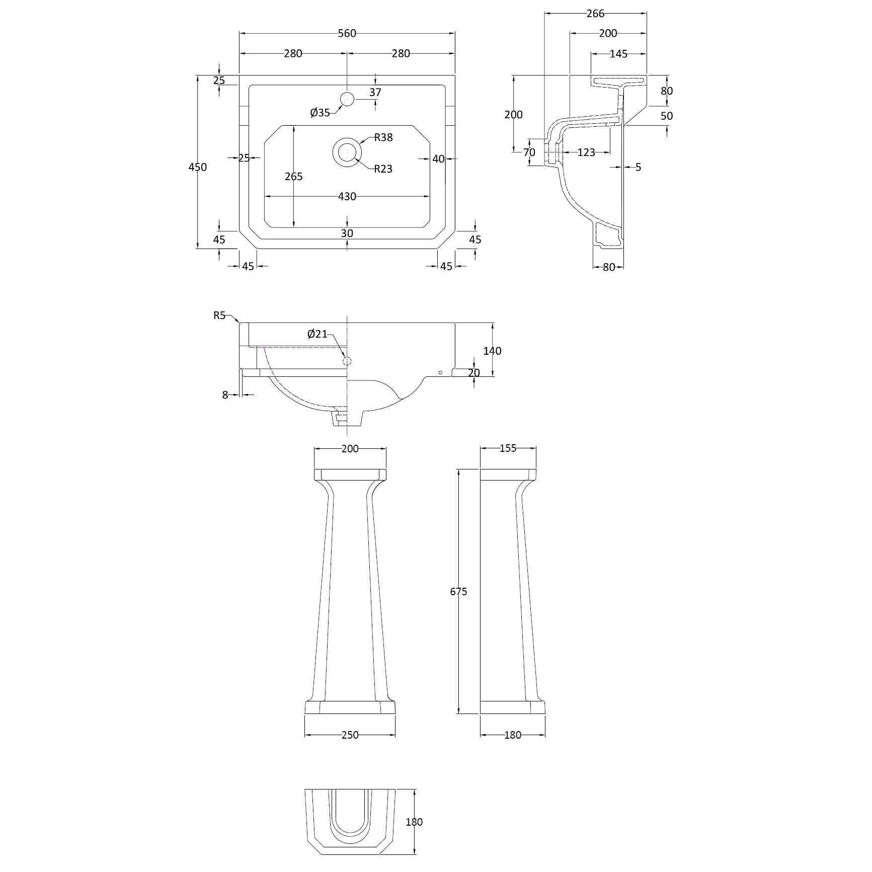 Butler & Rose Catherine 560mm Full Pedestal & Basin - 1 Tap Hole