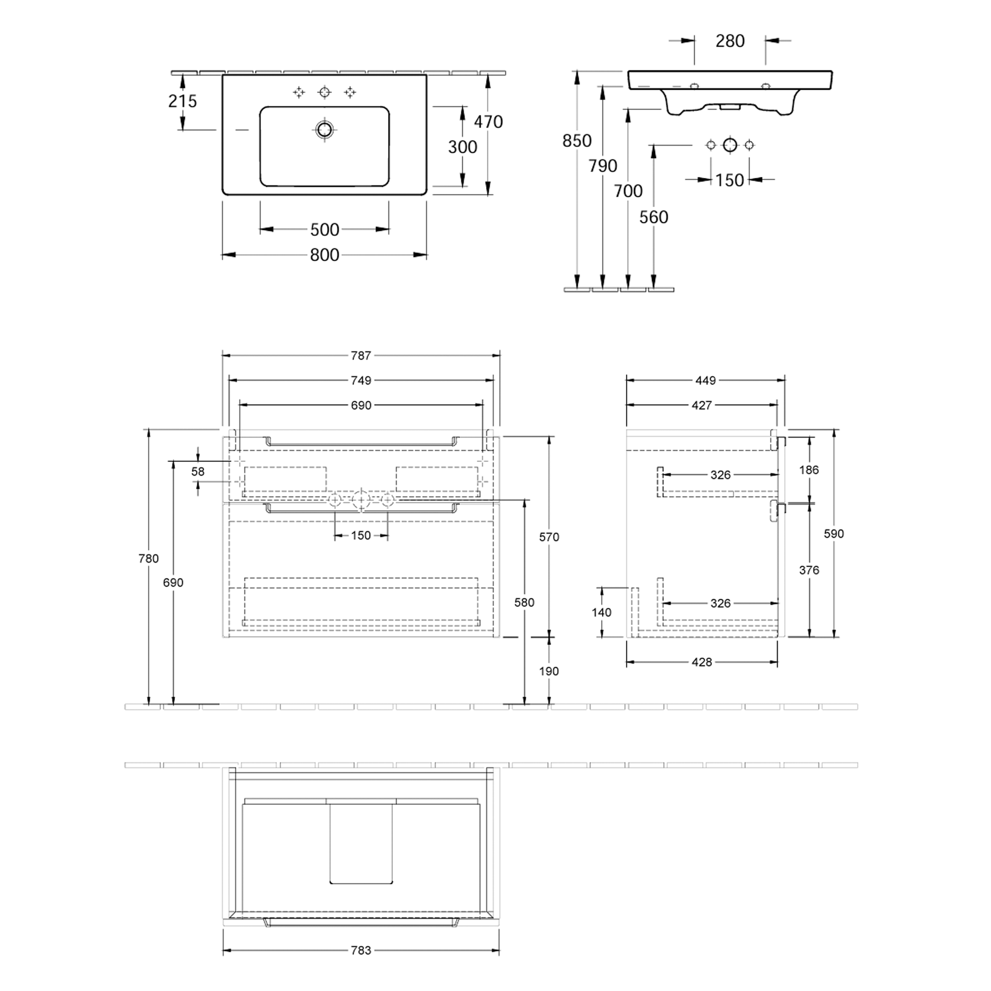 Villeroy & Boch Subway 2.0 800mm Wall Mounted 2 Drawer Vanity Unit & Basin