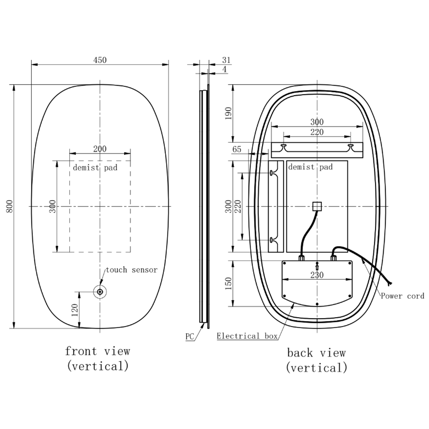 Arc LED Illuminated Barrel Mirror with Demister Pad - 450 x 800mm