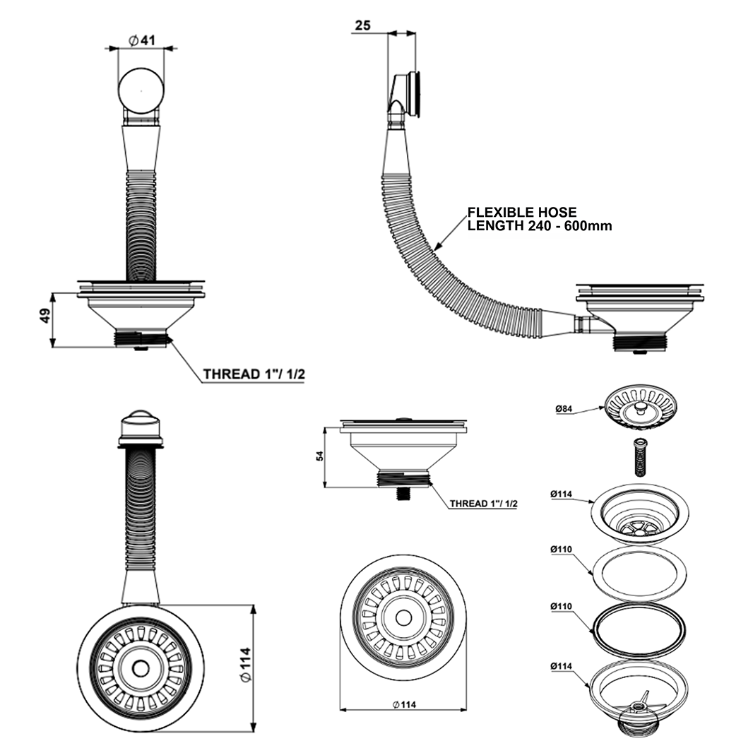 Vellamo Premium 90mm 1.5 & 2 Bowl Kitchen Sink Strainer Wastes with Round Overflow
