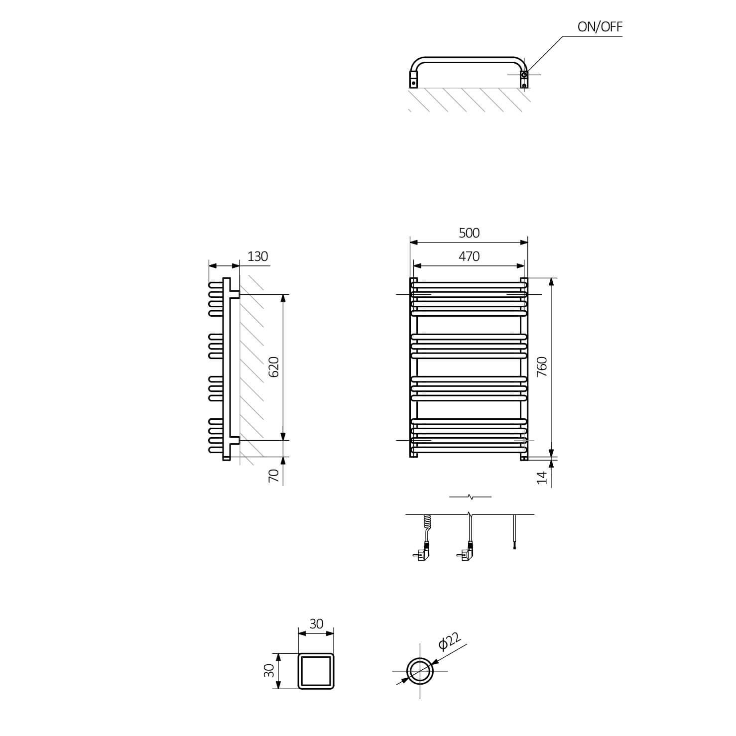 Terma Alex One Electric Heated Towel Rail with Heating Element