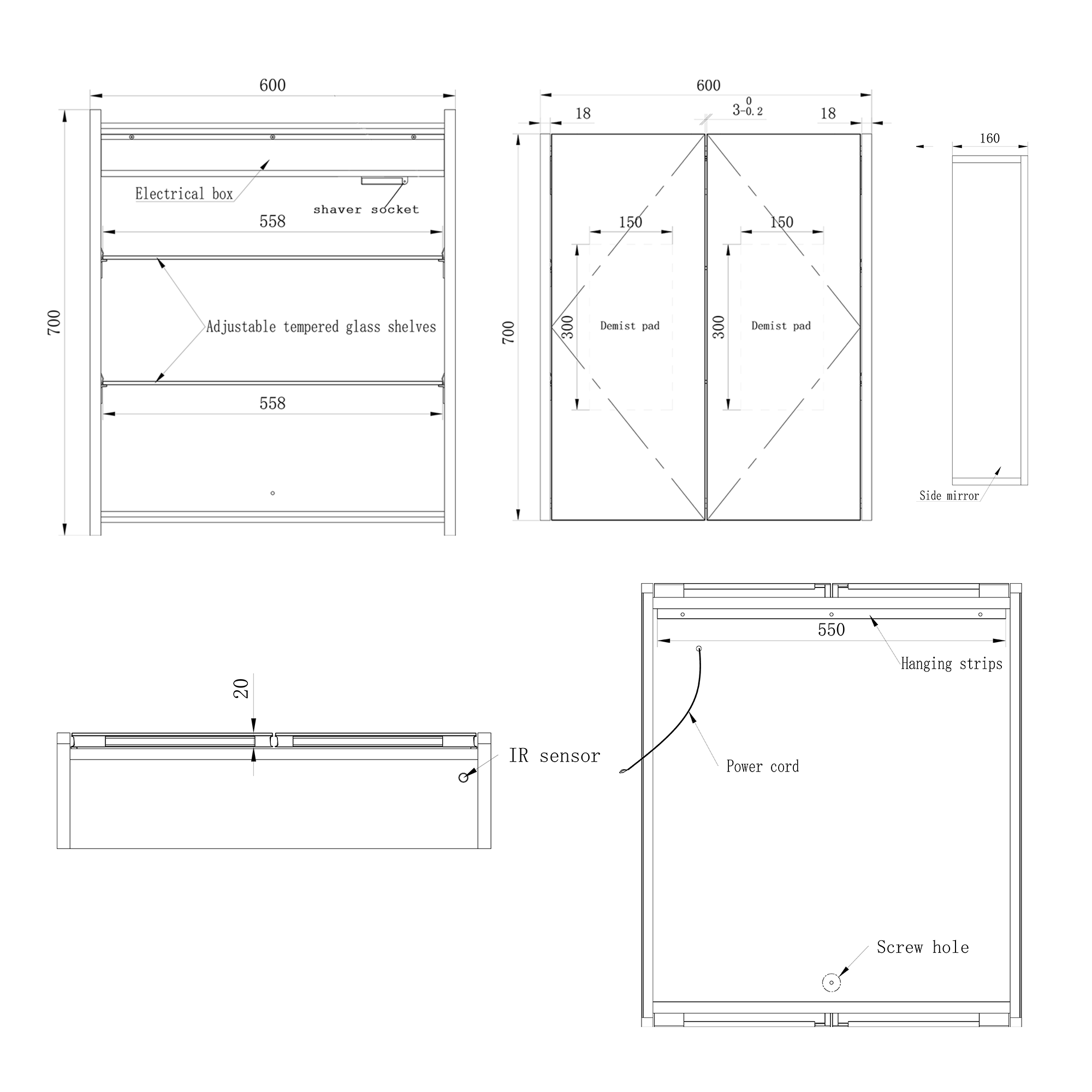Harbour Icon Double Door LED Bathroom Mirror Cabinet with Demister Pad & Shaver Socket - 600 x 700mm