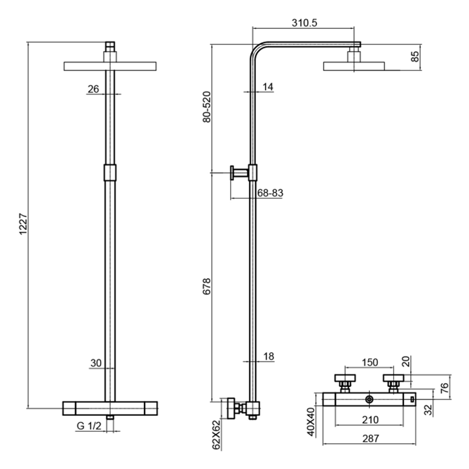 HIX 2 Outlet Exposed Thermostatic Bar Shower Valve with Slide Rail & Multi-functional Handset