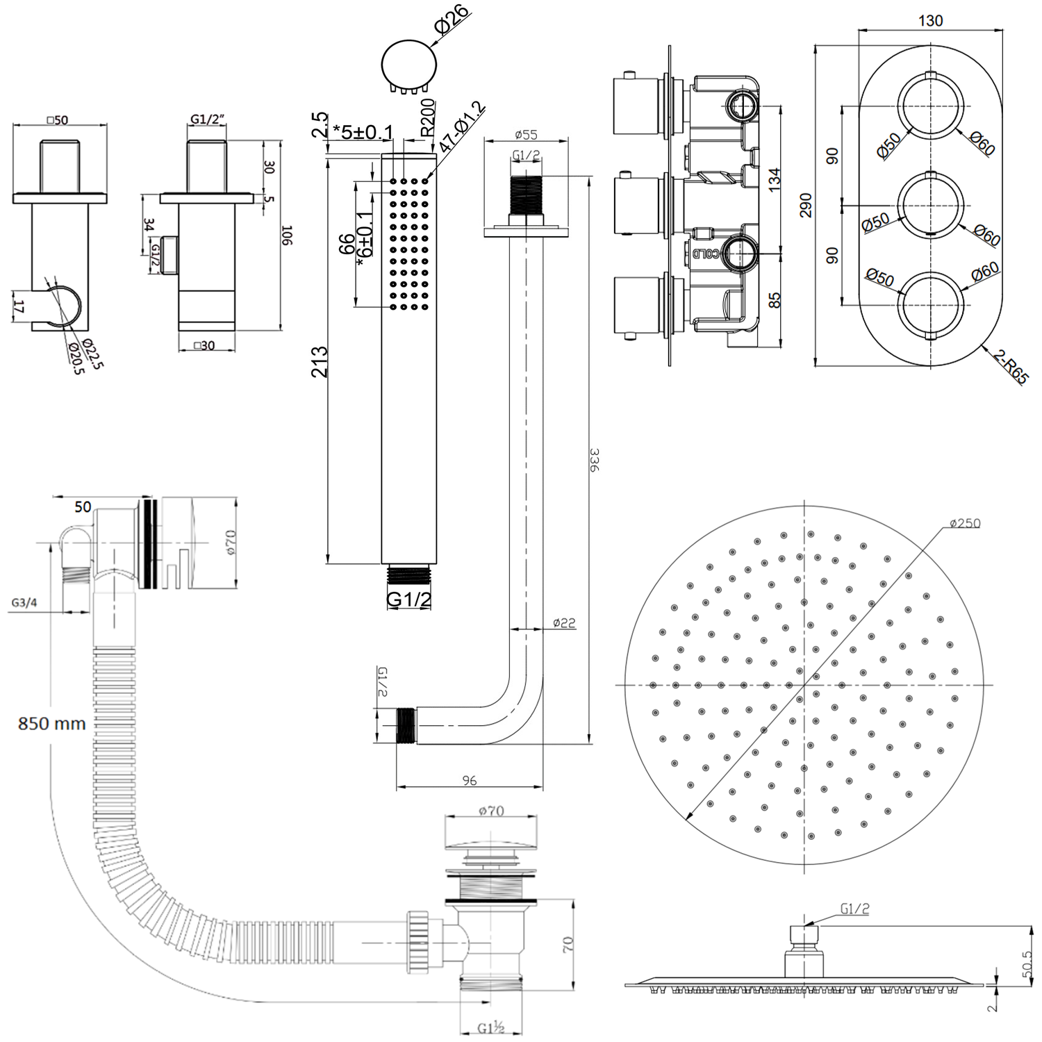 Harbour Clarity Brushed Brass Shower Package with 3 Outlet Valve, Fixed Head & Arm, Wall Shower Kit and Overflow Bath Filler