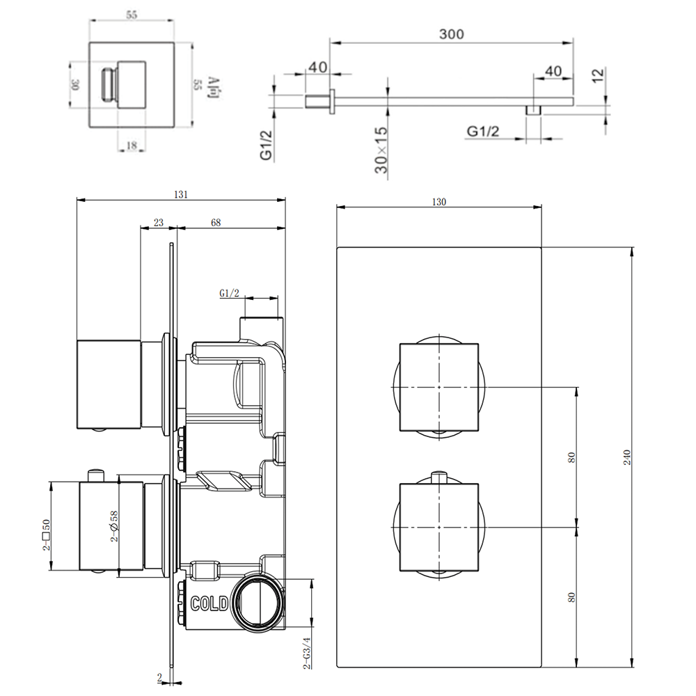 Harbour Status Concealed Shower Valve & Wall Mounted Fixed Shower Head - Matt Black