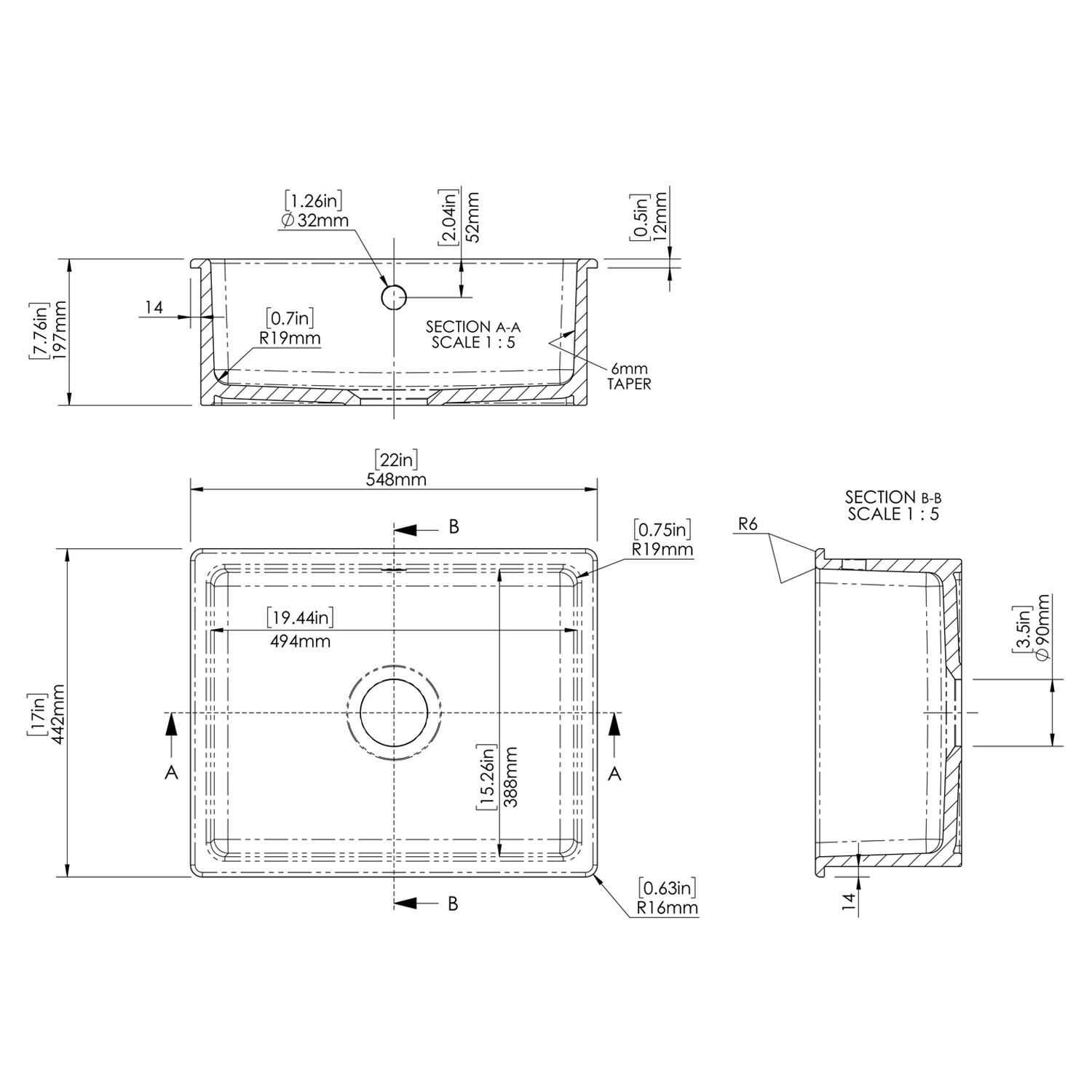 Butler & Rose Bryn 1 Bowl Fireclay Ceramic Inset/Undermount Kitchen Sink - 548mm x 442mm