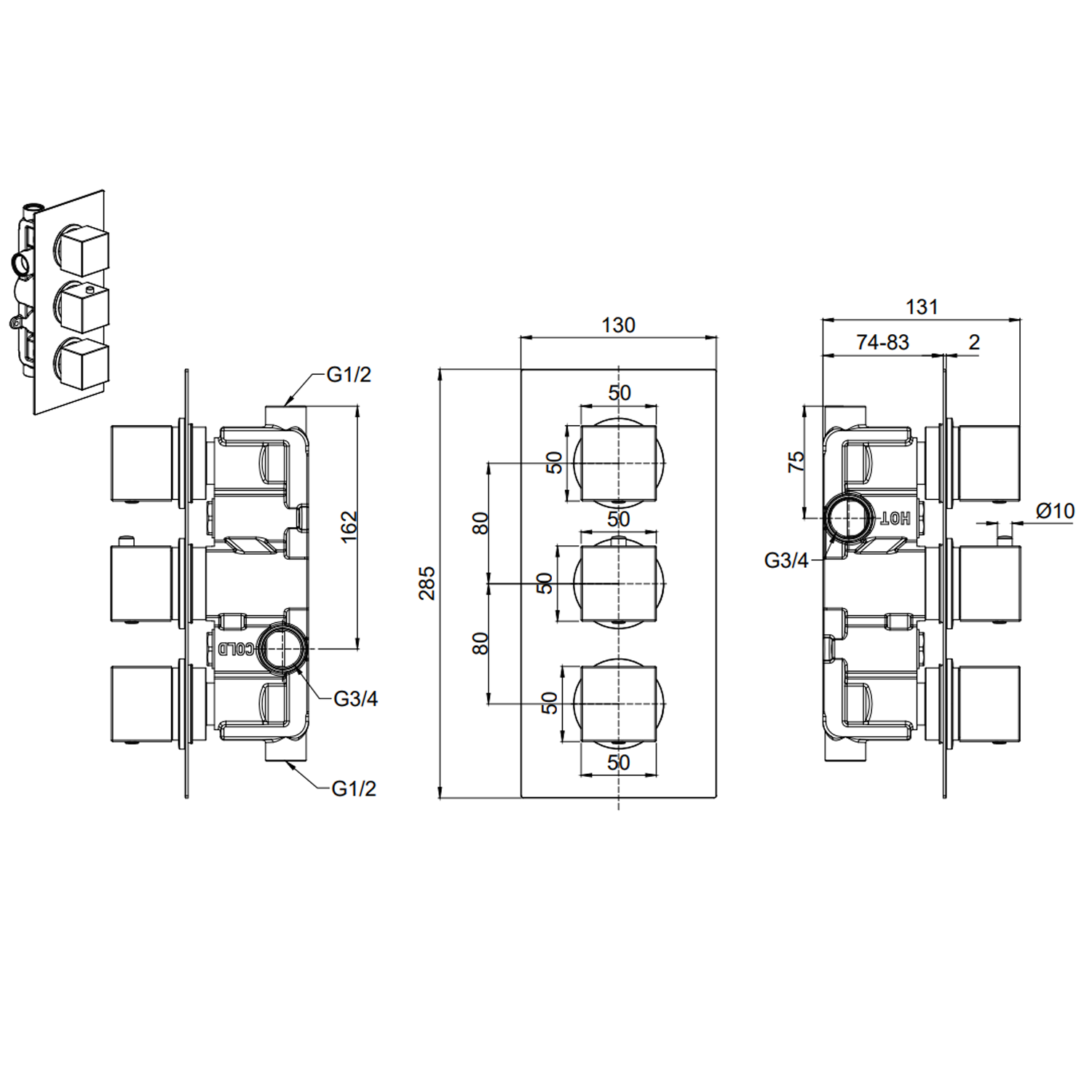 Harbour Status Matt Black 2 Outlet Concealed Thermostatic Shower Valve