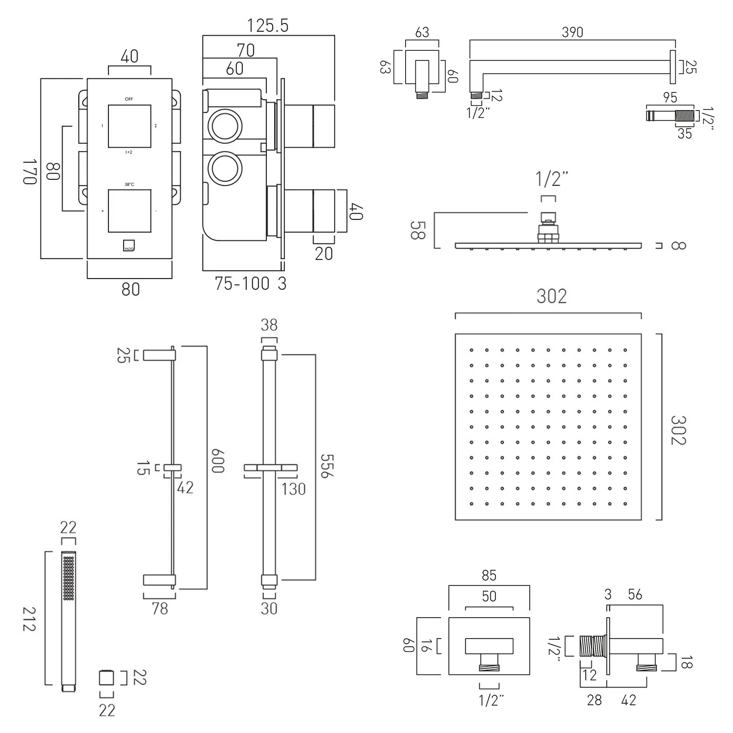 Vado Individual Tablet Notion 2 Outlet Square Concealed Thermostatic Valve, Fixed Head & Shower Rail Kit