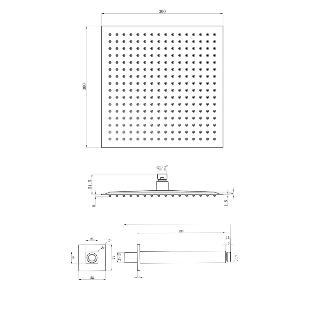 Harbour Status 300mm Fixed Ceiling Mounted Shower Head & Arm