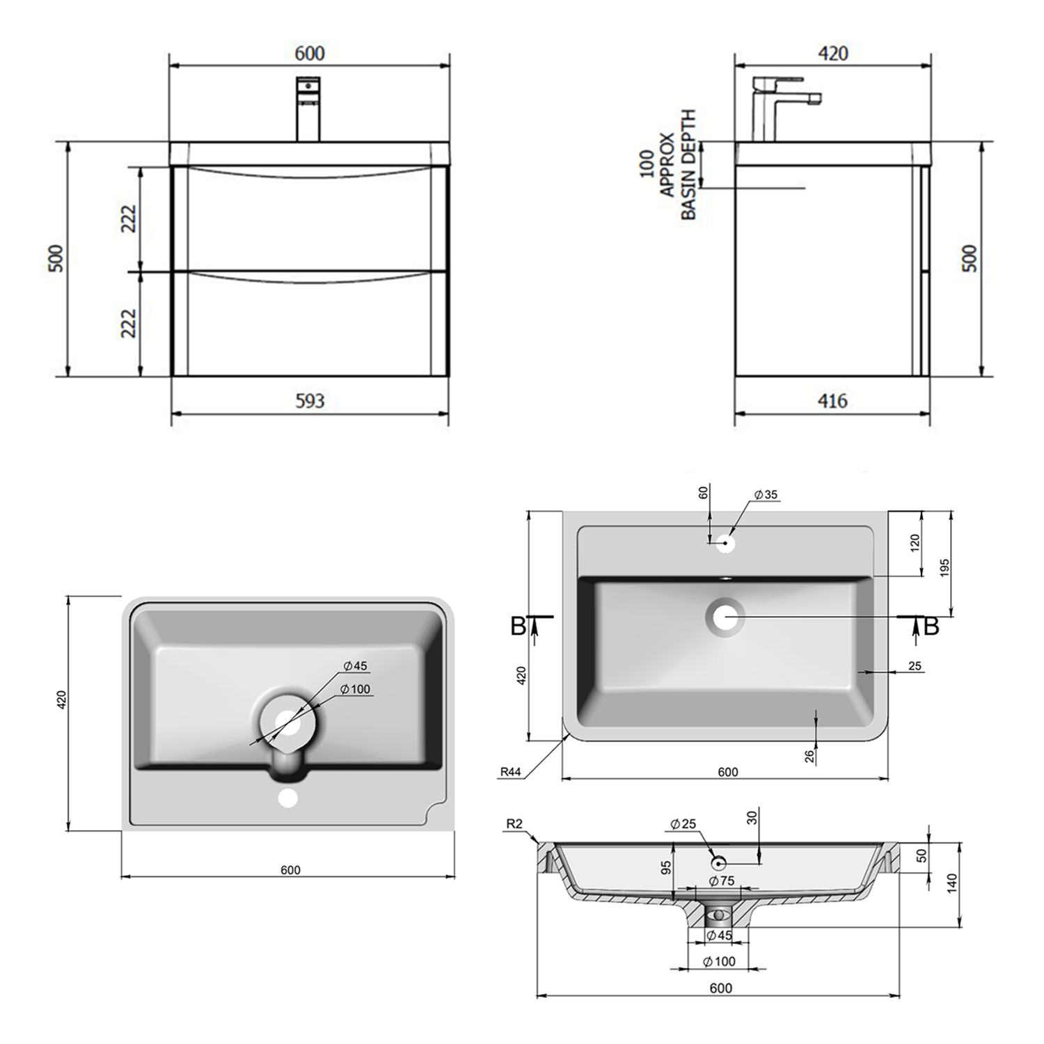 Harbour Clarity 600mm Wall Mounted Chestnut Vanity Unit & Basin
