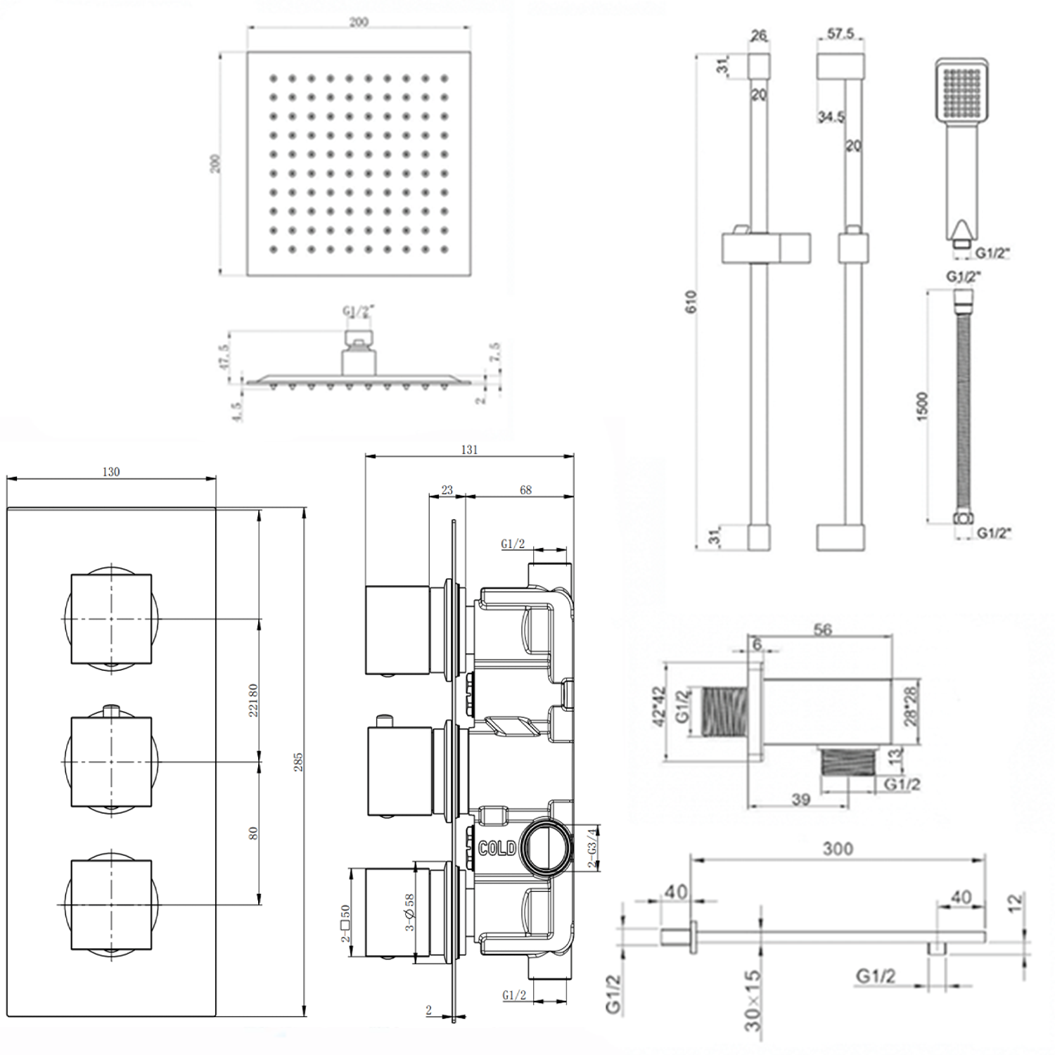 Harbour Status Concealed Shower Valve, Fixed Wall Mounted Head & Slide Rail Kit - Matt Black