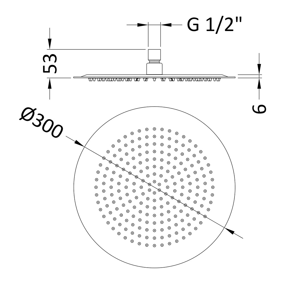 nuie Round Chrome Fixed Shower Head - 300mm Diameter