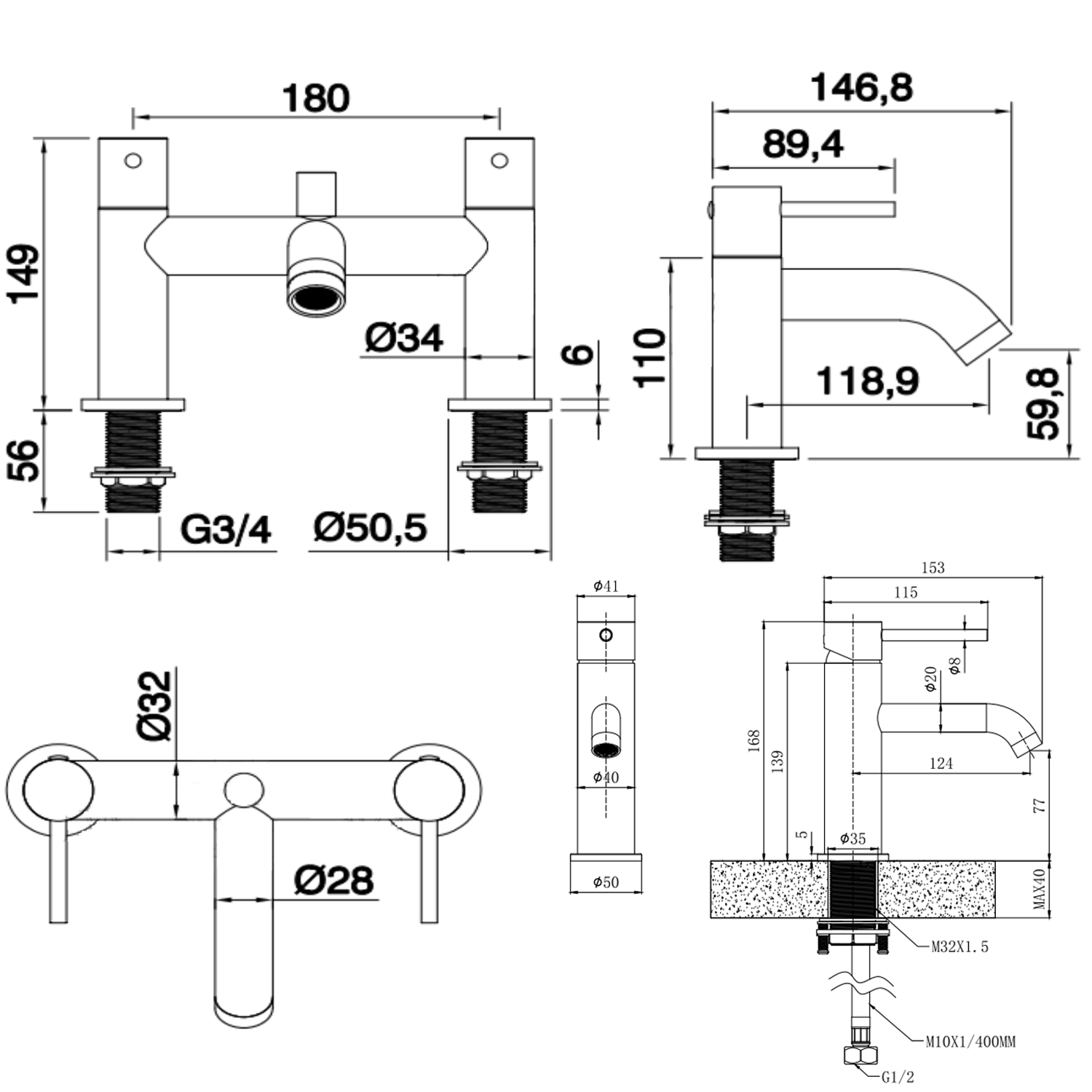 Harbour Clarity Brushed Brass Basin Mixer Tap & Waste and Deck Mounted Bath Mixer Tap