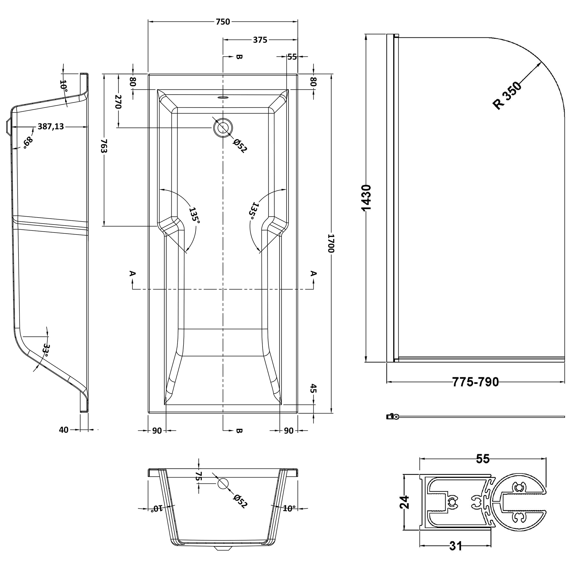 Drench Keyhole Shower Bath & Brushed Brass Shower Screen