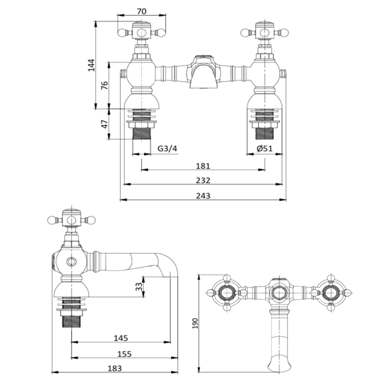 Butler & Rose Eliza Crosshead Deck Mounted Bath Filler Tap