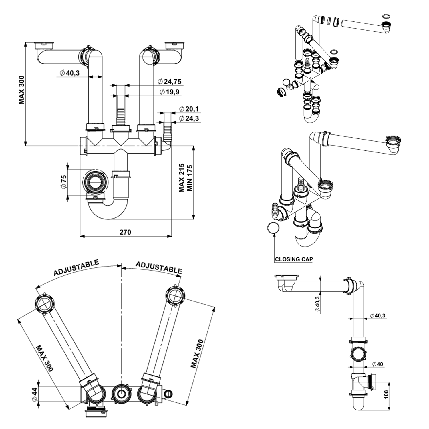 Vellamo Space Saving Double Bowl Plumbing Kit