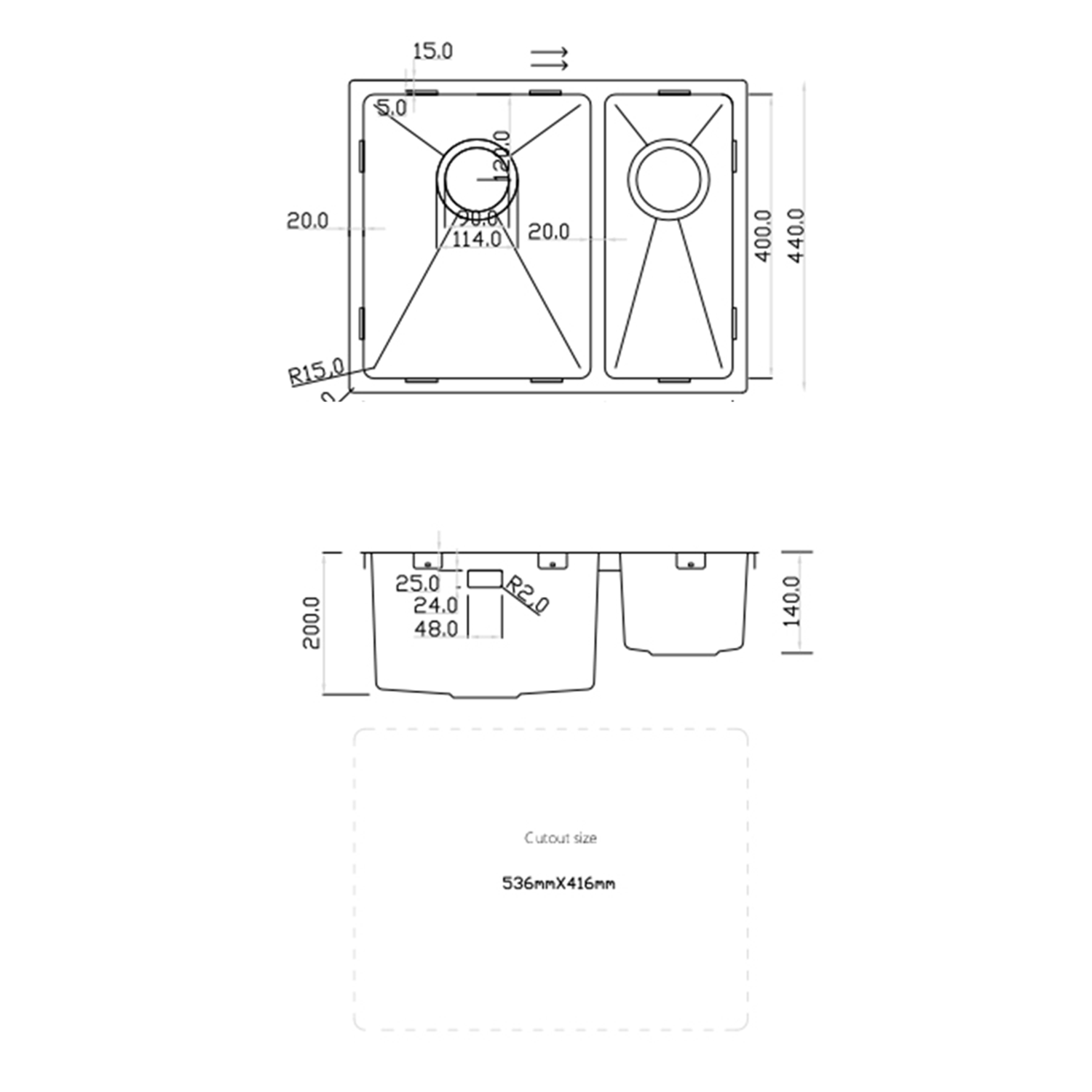Rangemaster Cubix 1.5 Bowl Stainless Steel Inset/Undermount Sink & Waste Kit - 560 x 440mm