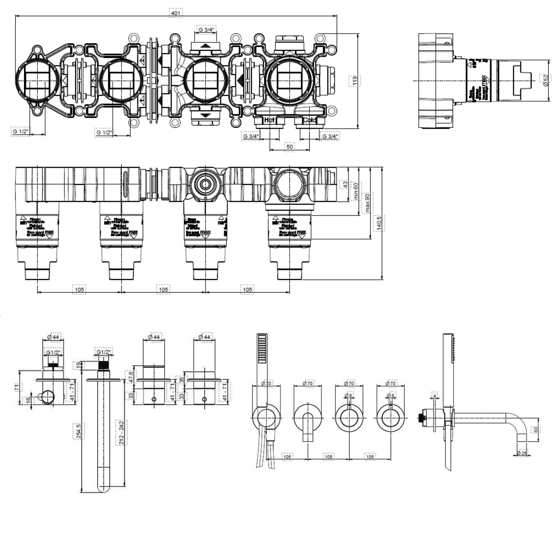 Crosswater Module 2 Outlet Concealed Thermostatic Shower Valve With Bath Spout & Shower Handset