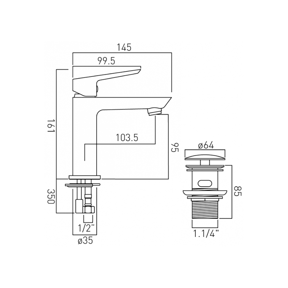 Vado Photon Single Lever Mini Mono Basin Mixer with Universal Clicker Waste