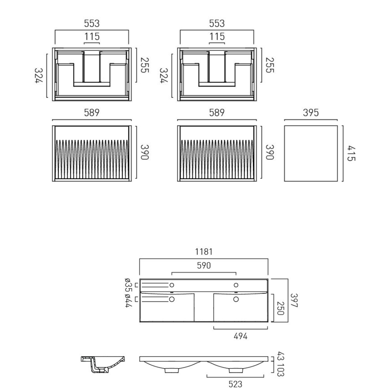 Vado Safari 1200mm Fluted Wall Hung Vanity Unit & Double Basin