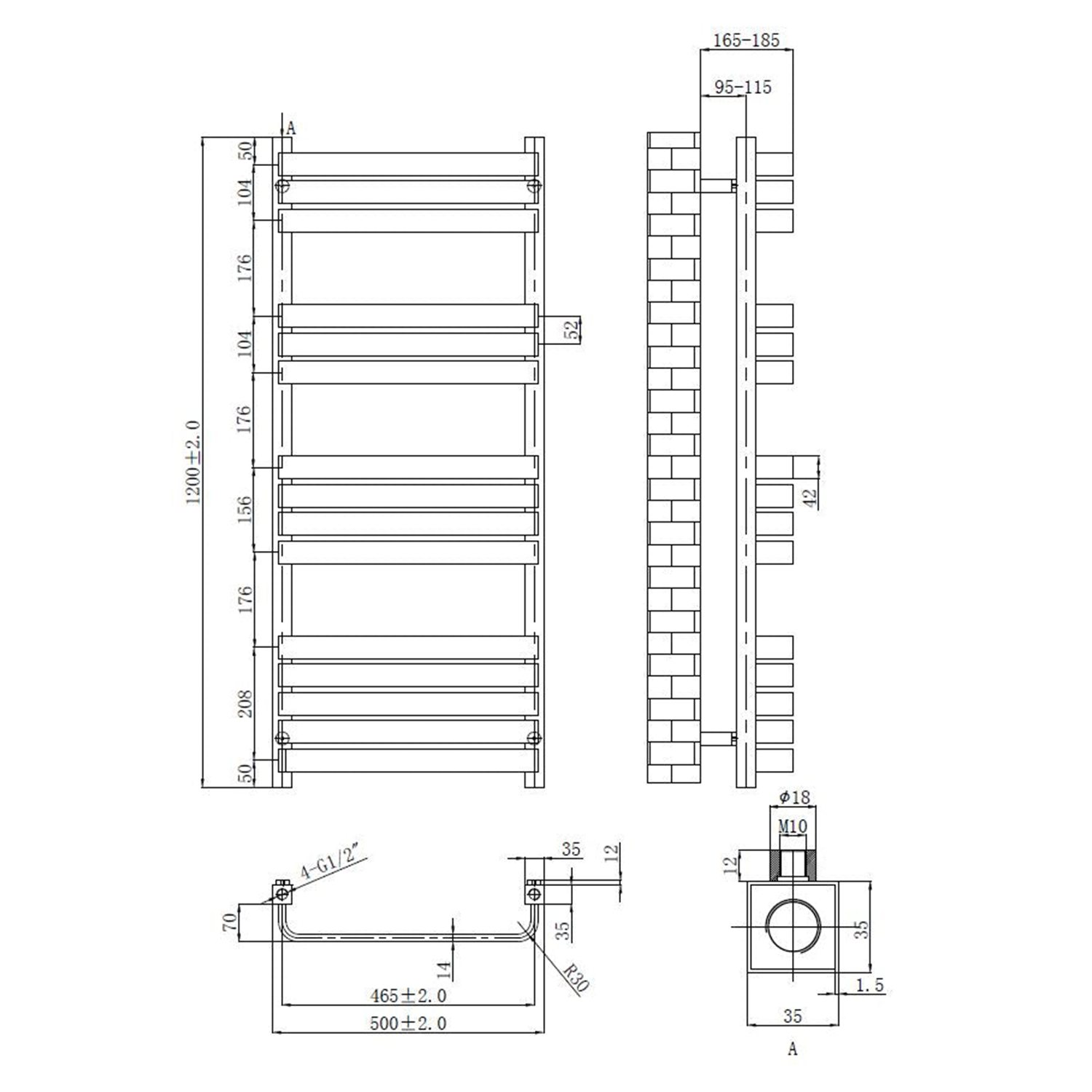 Toasty Studio Brushed Brass Heated Towel Rail - 1200 x 500mm