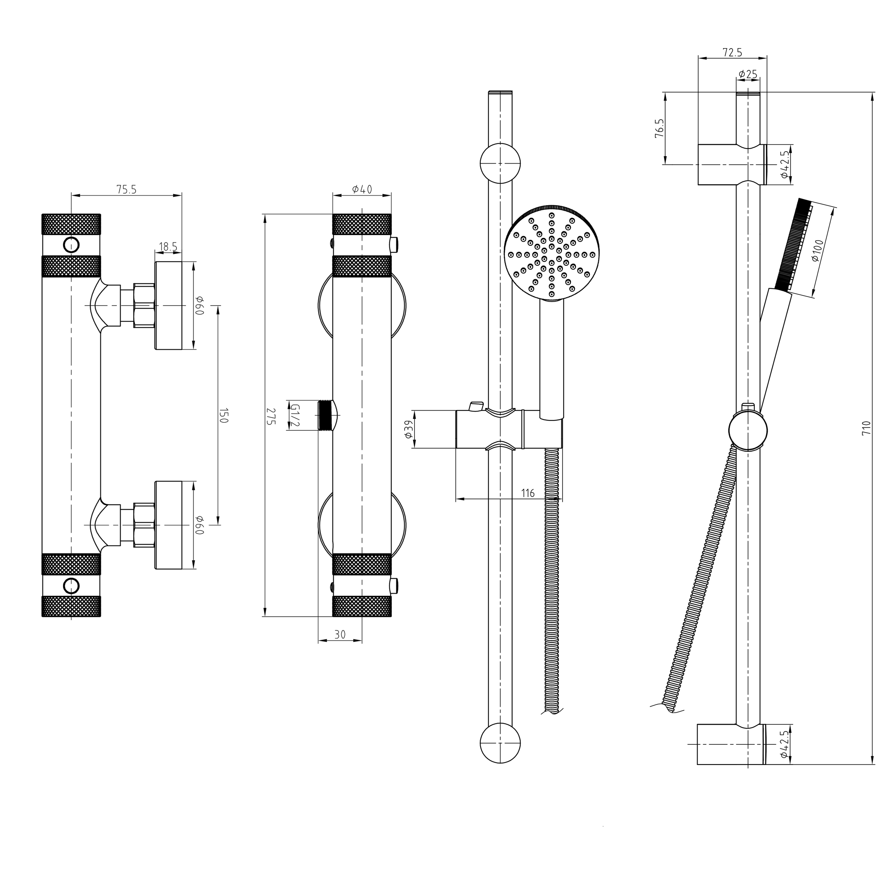 Core 1 Outlet Exposed Thermostatic Bar Valve & Fluted Slide Rail Shower Kit