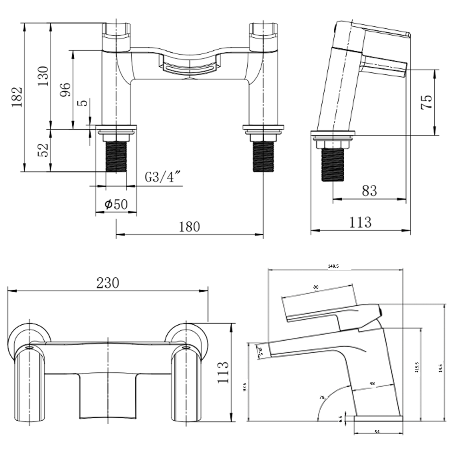 Vellamo Poise Mono Basin Mixer & Deck Mounted Bath Filler