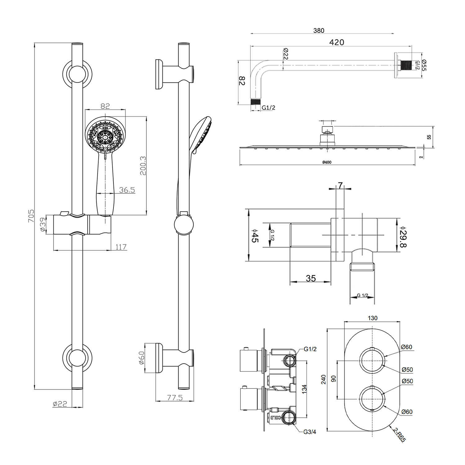 Orla Concealed Shower Valve, Fixed Head & Slide Rail Kit