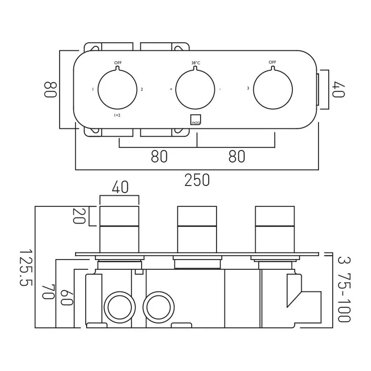 Vado Individual Tablet Altitude Horizontal 3 Outlet 3 Handle Thermostatic Concealed Shower Valve
