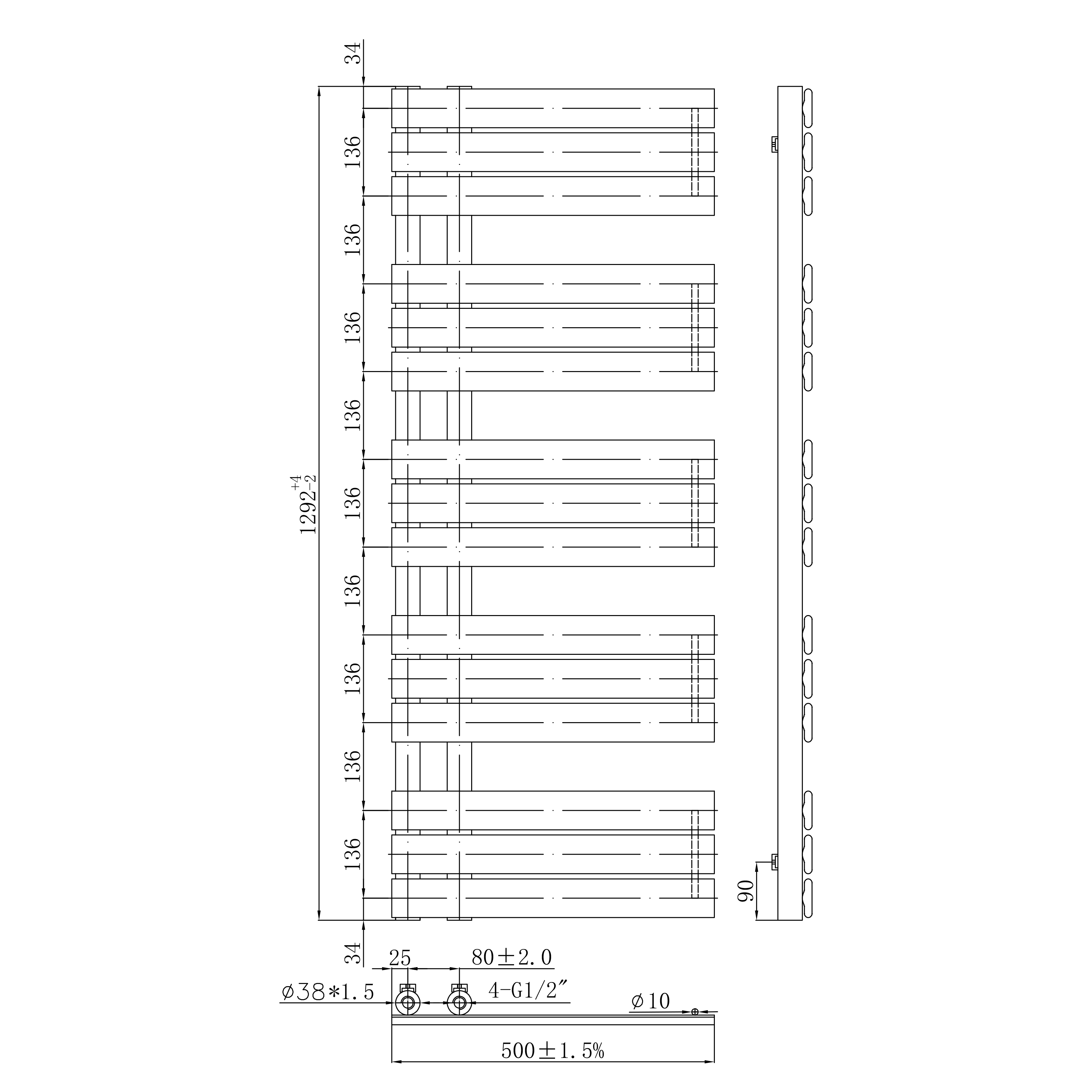 Toasty Haven Matt Black Flat Panel Offset Heated Towel Rail - 1290 x 500mm