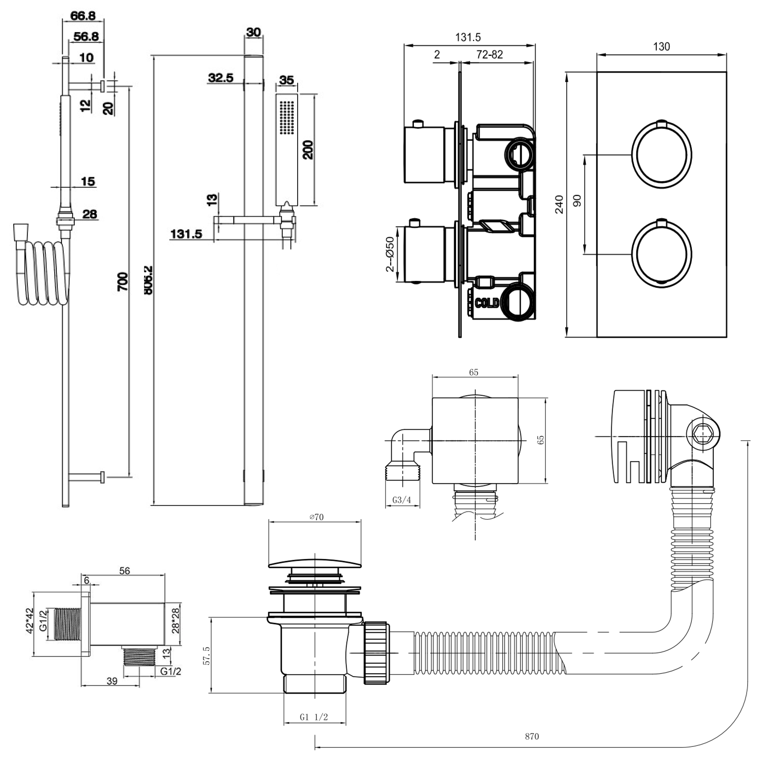 Harbour Status Brushed Brass Shower Package with 2 Outlet Valve, Slide Rail Kit and Overflow Bath Filler