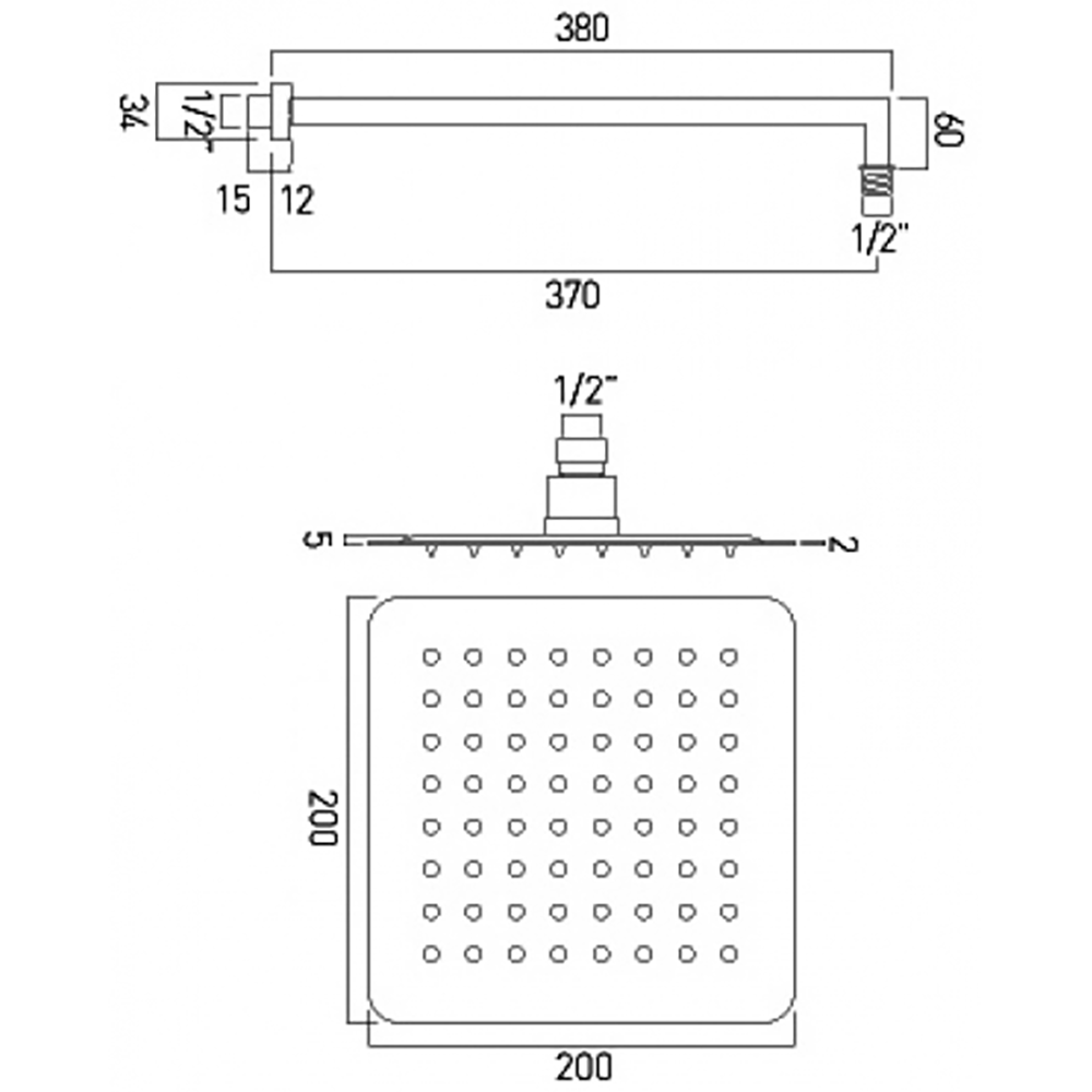 Vado Aquablade Slim Line Easy Clean Square Shower Head with Shower Arm 200mm (8")