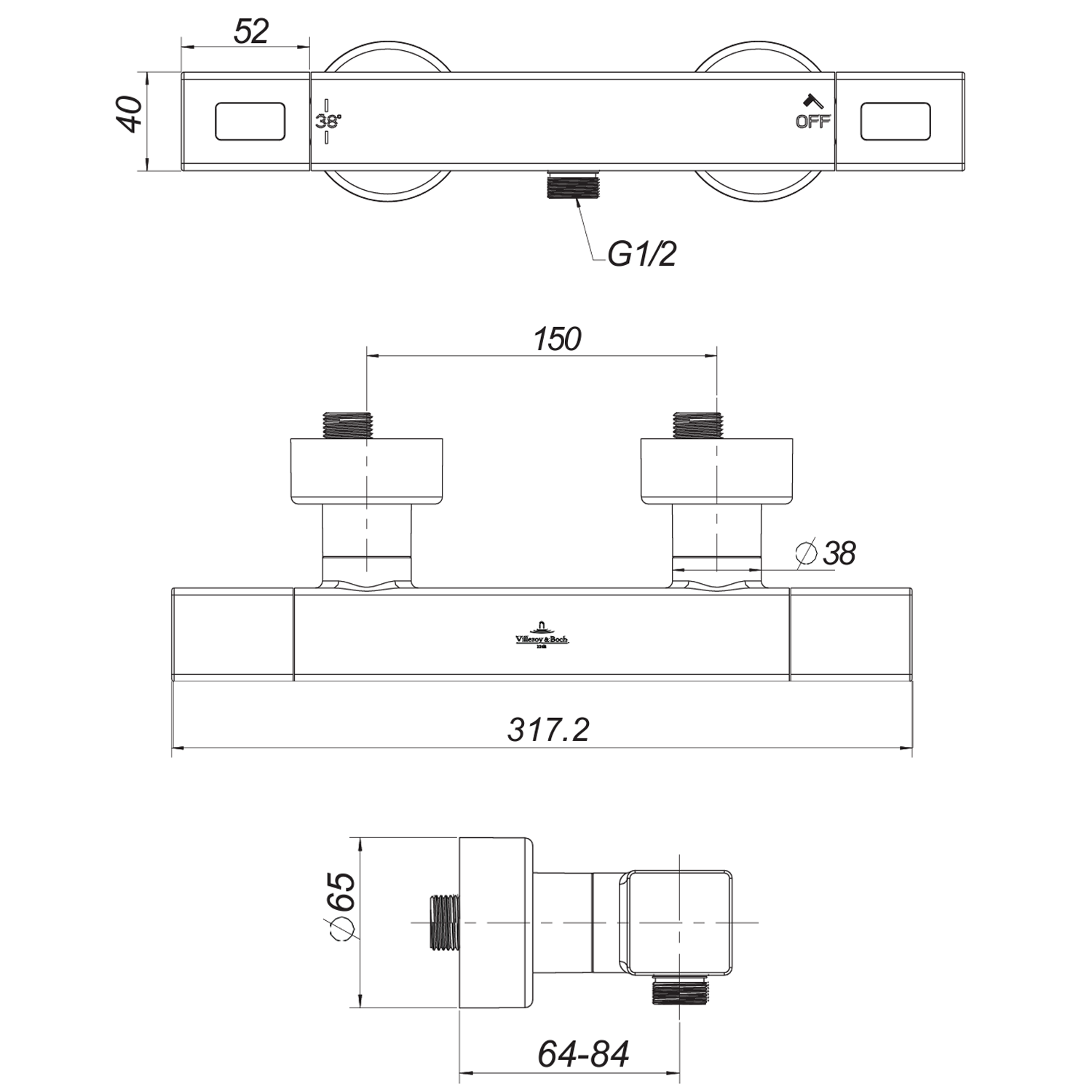 Villeroy & Boch Universal Cool Touch Exposed Square Thermostatic Shower Mixer