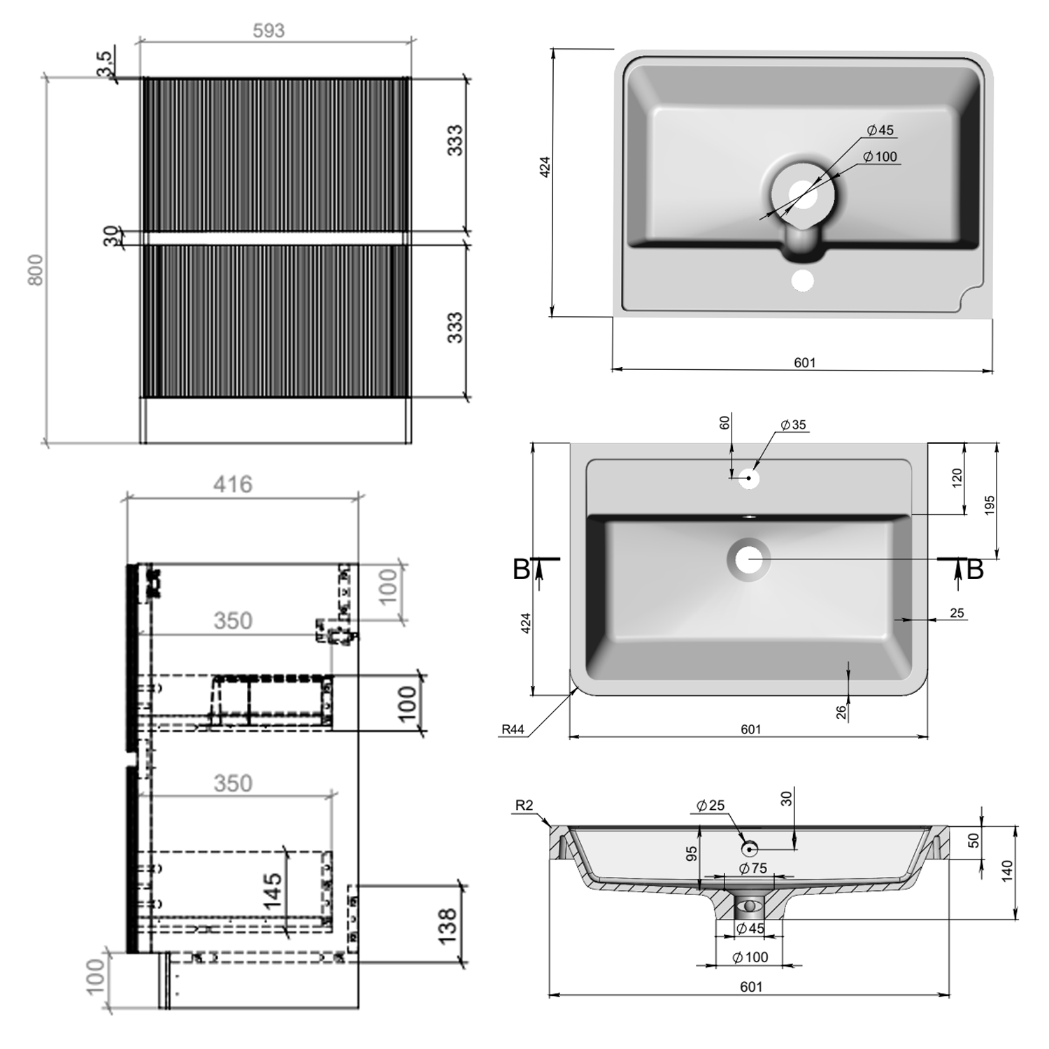 Drench Origin 600mm Fluted Floorstanding Vanity Unit & Basin