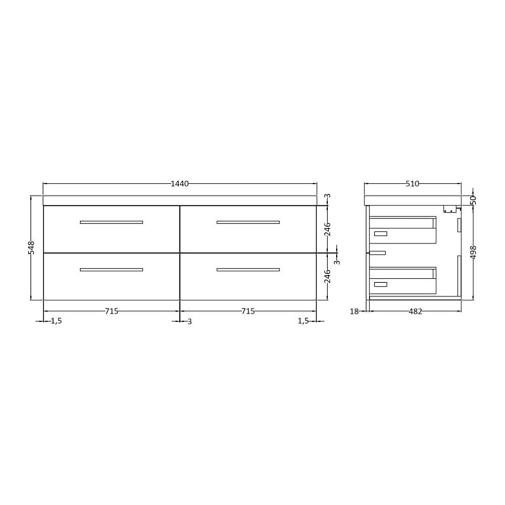 Hudson Reed Quartet 1440mm Wall Mounted Double Basin Vanity Unit - Gloss Grey
