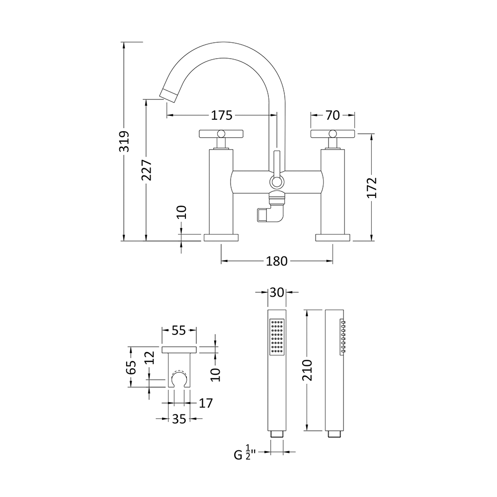 Hudson Reed Tec Crosshead Deck Mounted Bath Shower Mixer with Handser Kit