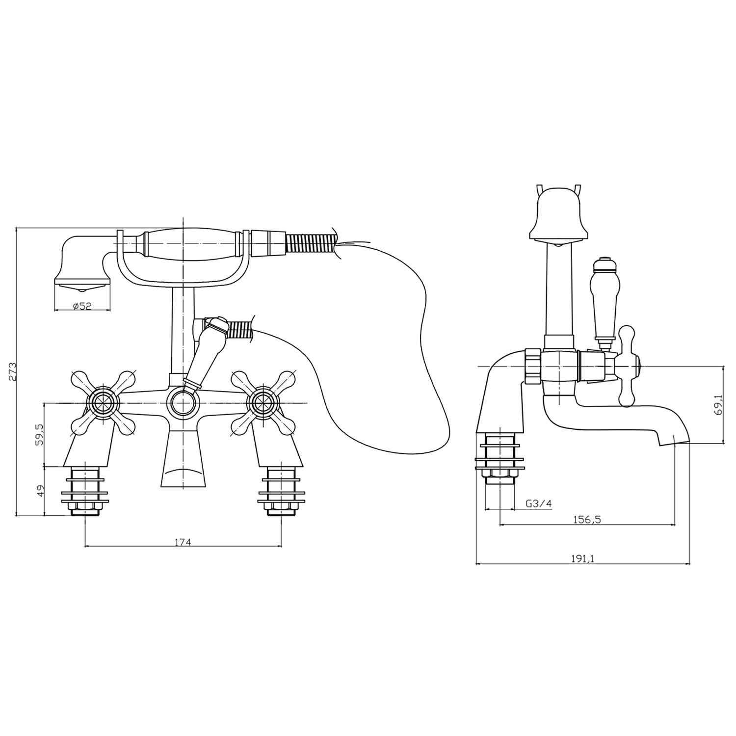 Butler & Rose Carlton Deck Mounted Bath Shower Mixer with Handset Kit