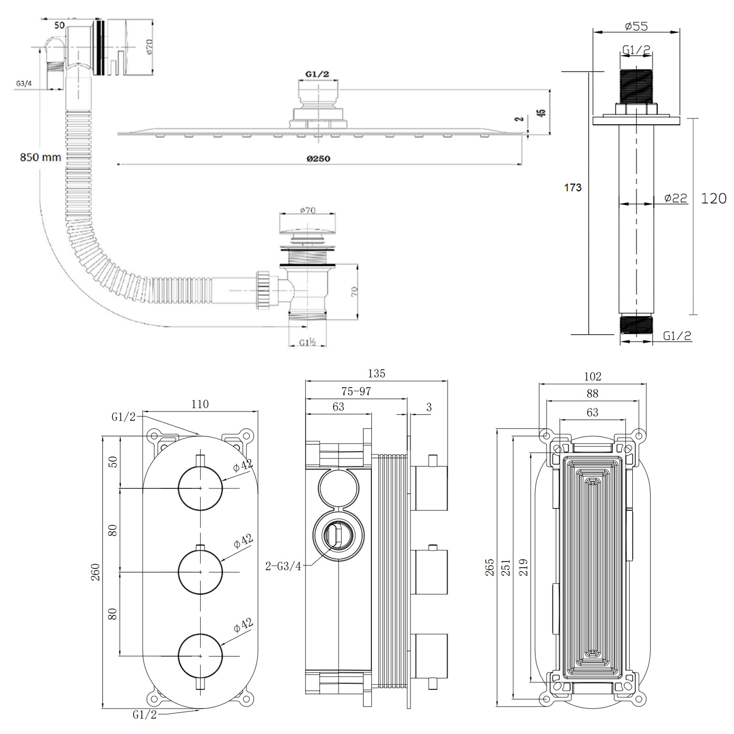 Harbour Clarity Brushed Bronze Shower Package with 2 Outlet Valve, Fixed Head & Ceiling Arm and Overflow Bath Filler